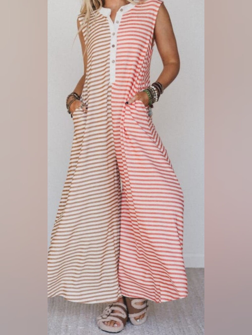 Striped Two-Tone Maxi Jumpsuit Dress — Pink & Tan